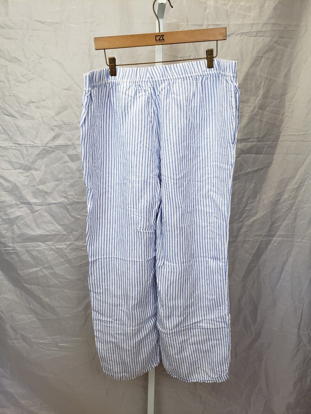 H&M Blue White Vertical Striped Linen Blend Drawstring Wide Leg Pants Size XL - Picture 4 of 7
